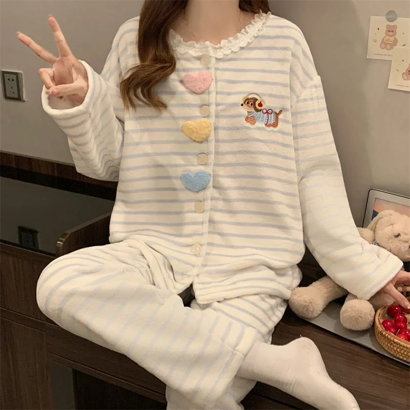 双面法兰绒240g套装女秋冬保暖家居服蓝色款号8346M-XXL