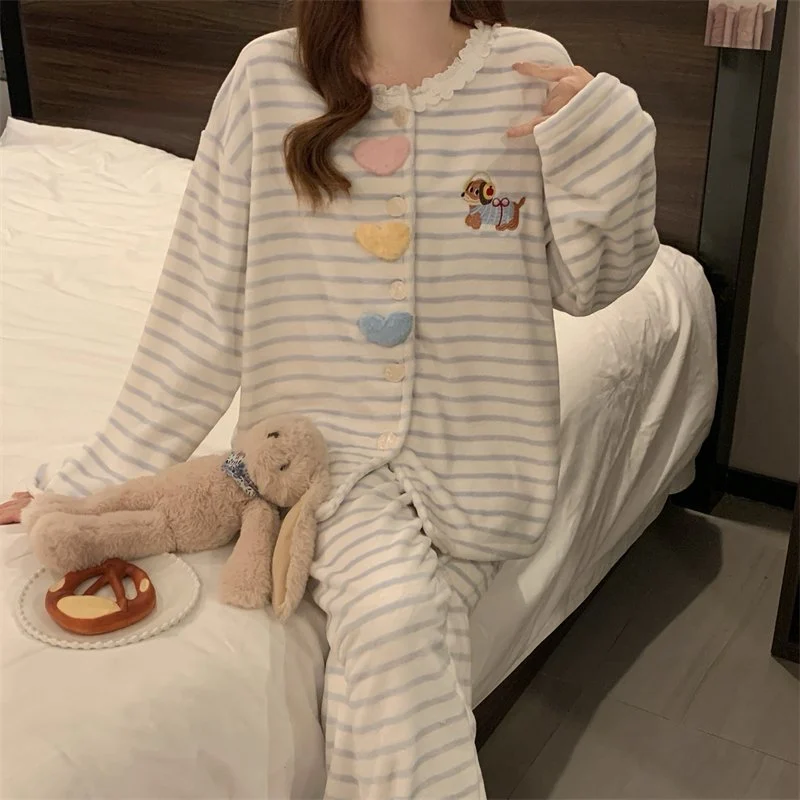 双面法兰绒240g套装女秋冬保暖家居服蓝色款号8346M-XXL 细节图1