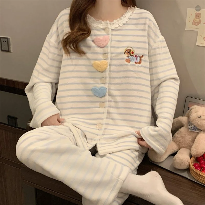双面法兰绒240g套装女秋冬保暖家居服蓝色款号8346M-XXL 细节图2