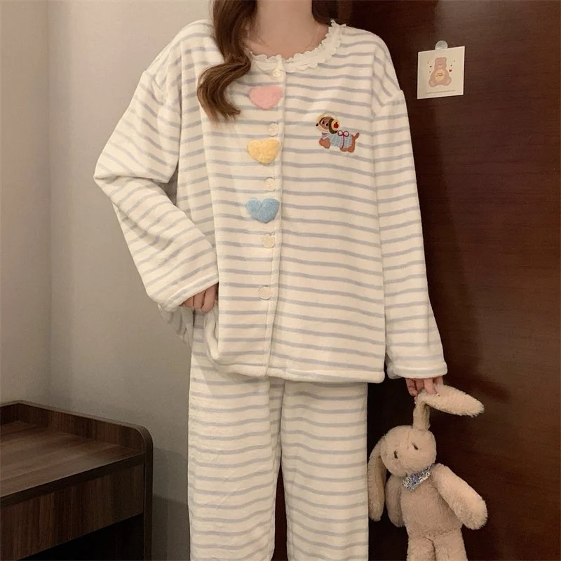 双面法兰绒240g套装女秋冬保暖家居服蓝色款号8346M-XXL 细节图3