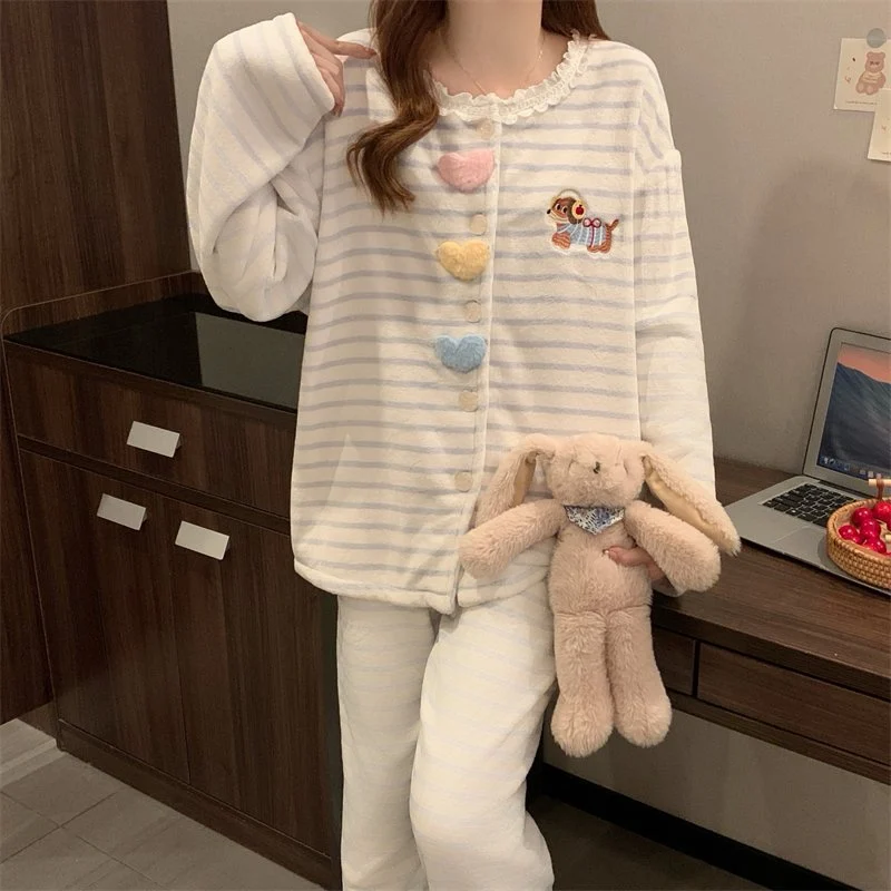 双面法兰绒240g套装女秋冬保暖家居服蓝色款号8346M-XXL 细节图4