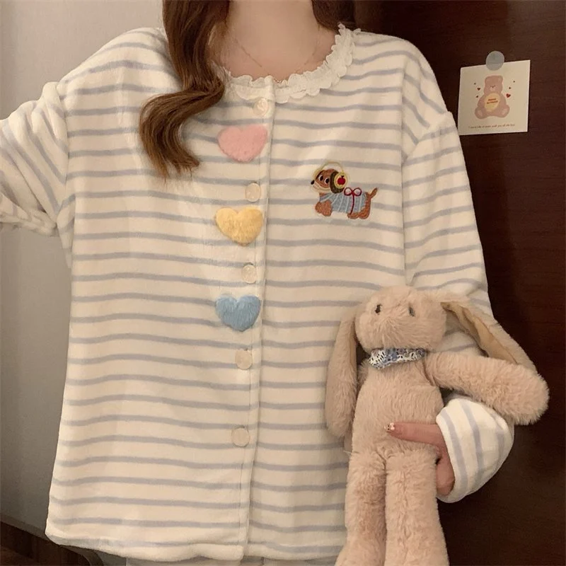 双面法兰绒240g套装女秋冬保暖家居服蓝色款号8346M-XXL 细节图5
