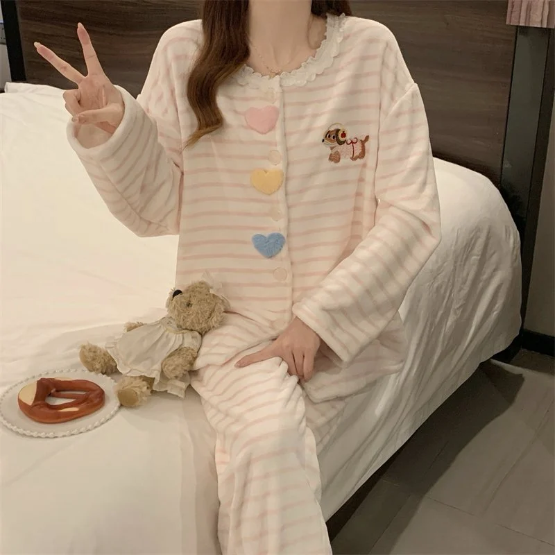 双面法兰绒240g套装女秋冬保暖家居服粉色款号8346M-XXL