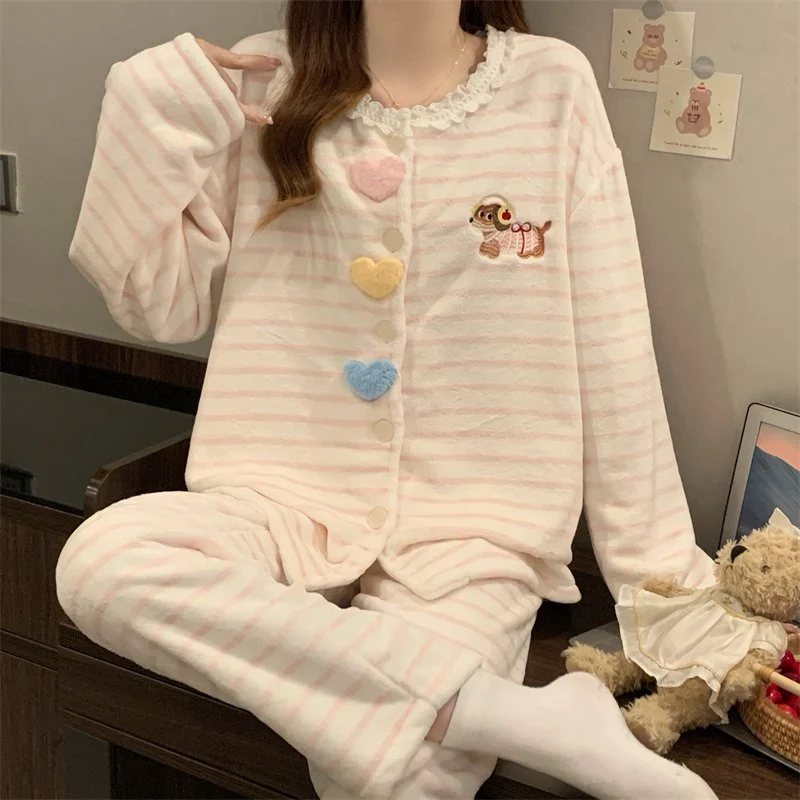 双面法兰绒240g套装女秋冬保暖家居服粉色款号8346M-XXL 细节图2