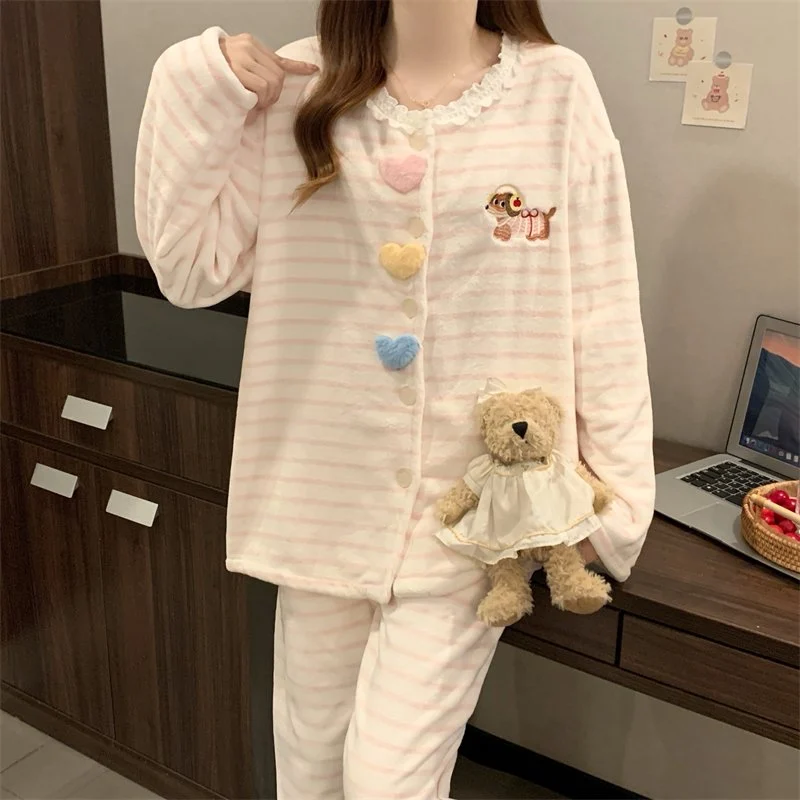 双面法兰绒240g套装女秋冬保暖家居服粉色款号8346M-XXL 细节图3