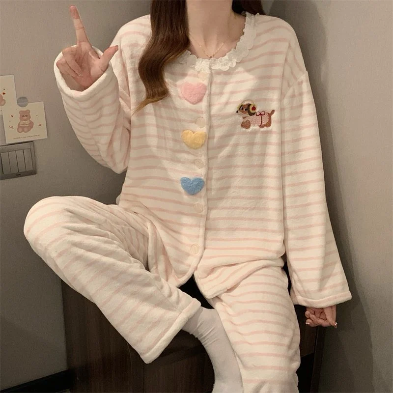 双面法兰绒240g套装女秋冬保暖家居服粉色款号8346M-XXL 细节图4