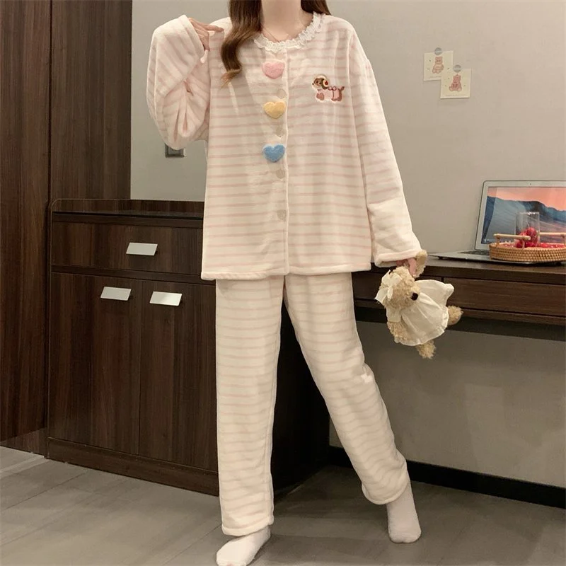 双面法兰绒240g套装女秋冬保暖家居服粉色款号8346M-XXL 细节图5