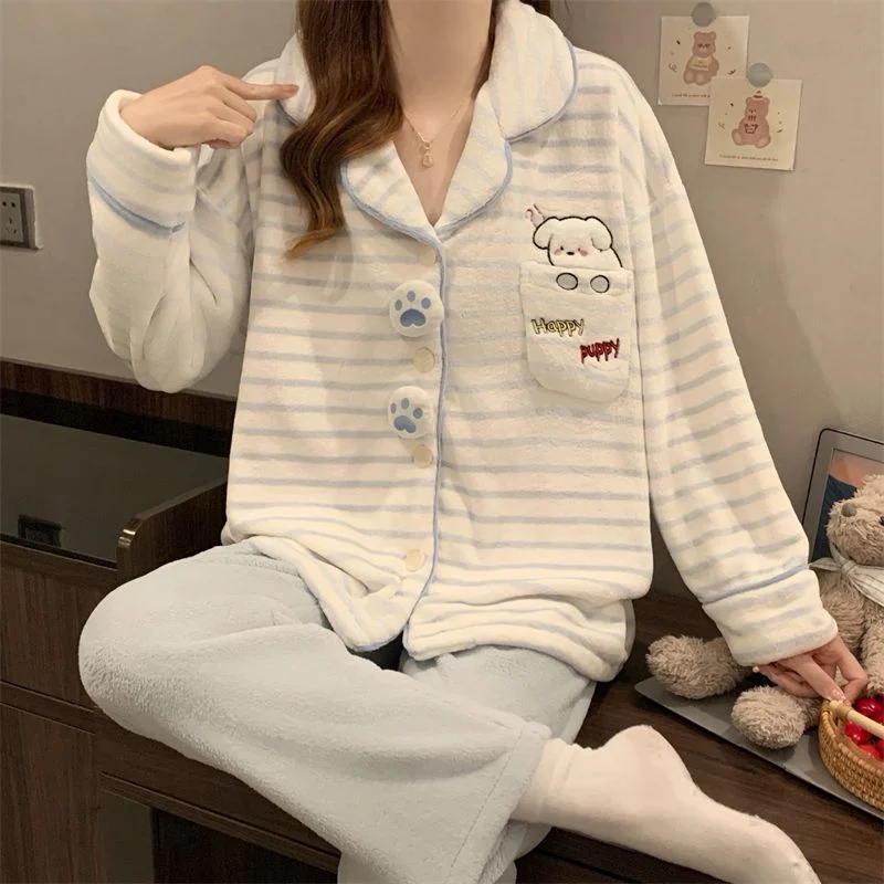 双面法兰绒240g套装女秋冬保暖家居服蓝色款号8635M-XXL