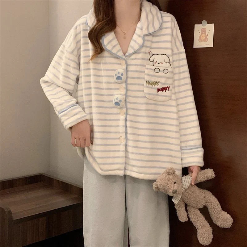 双面法兰绒240g套装女秋冬保暖家居服蓝色款号8635M-XXL 细节图2