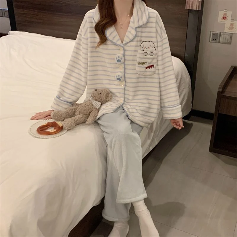 双面法兰绒240g套装女秋冬保暖家居服蓝色款号8635M-XXL 细节图4
