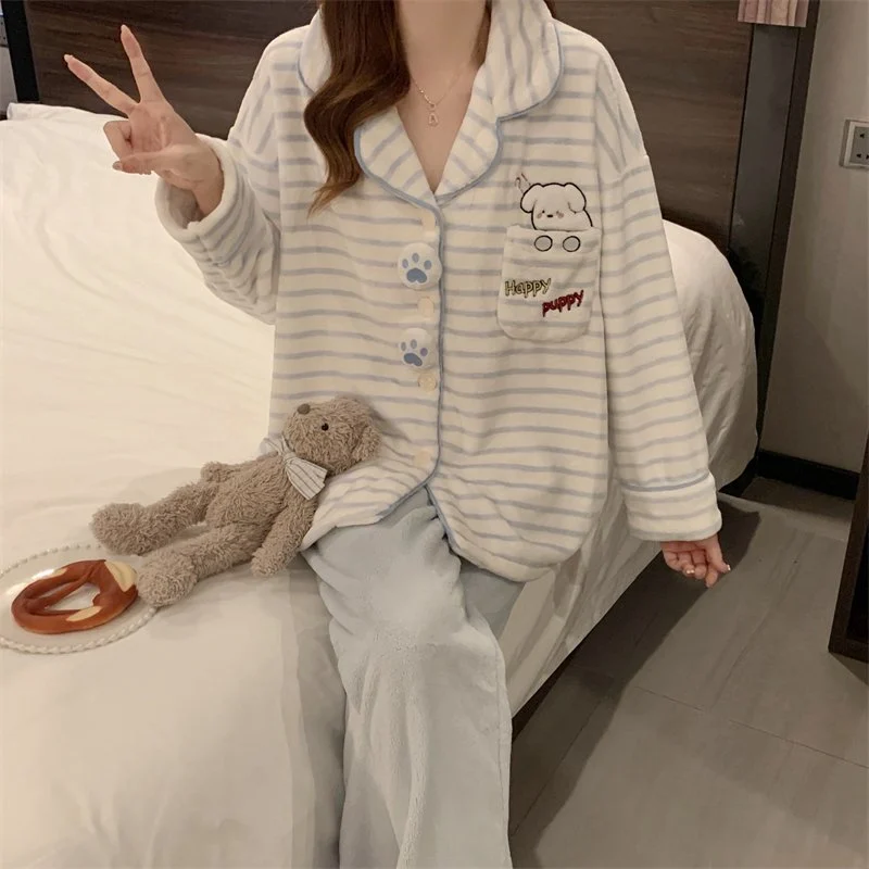 双面法兰绒240g套装女秋冬保暖家居服蓝色款号8635M-XXL 细节图5