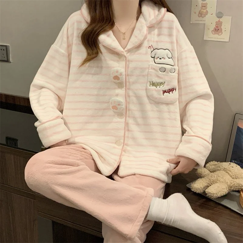 双面法兰绒240g套装女秋冬保暖家居服粉色款号8635M-XXL