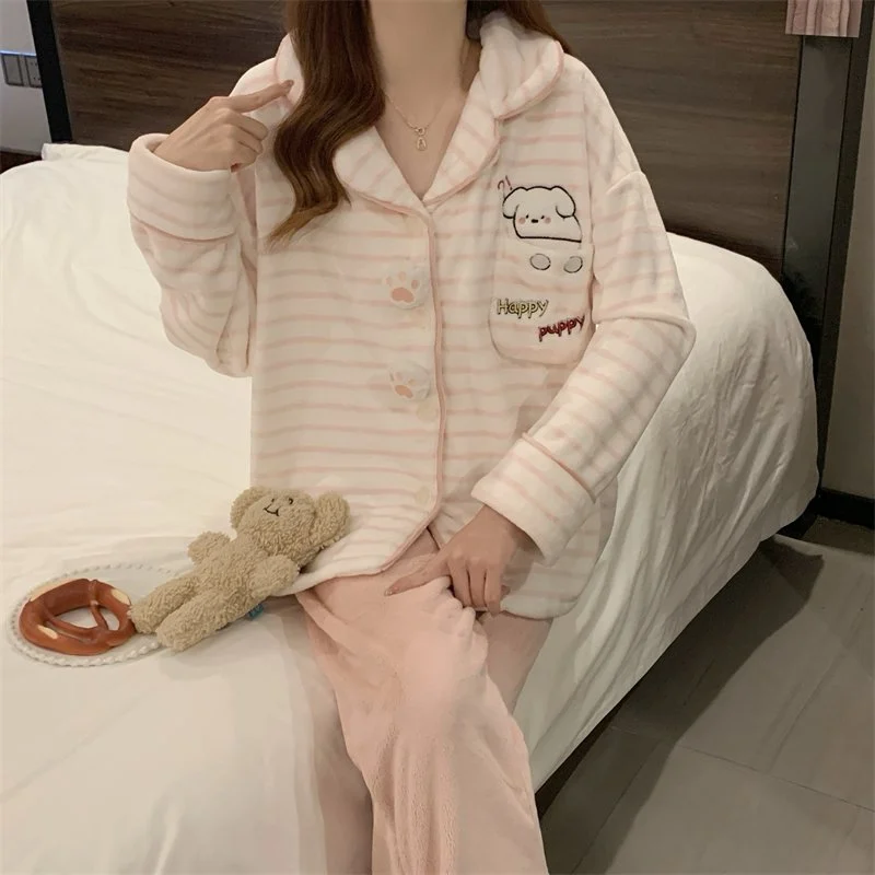 双面法兰绒240g套装女秋冬保暖家居服粉色款号8635M-XXL 细节图1