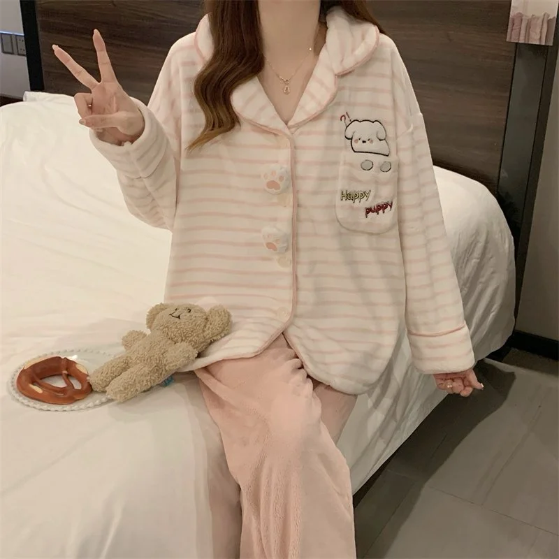 双面法兰绒240g套装女秋冬保暖家居服粉色款号8635M-XXL 细节图2
