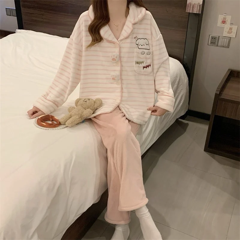 双面法兰绒240g套装女秋冬保暖家居服粉色款号8635M-XXL 细节图3