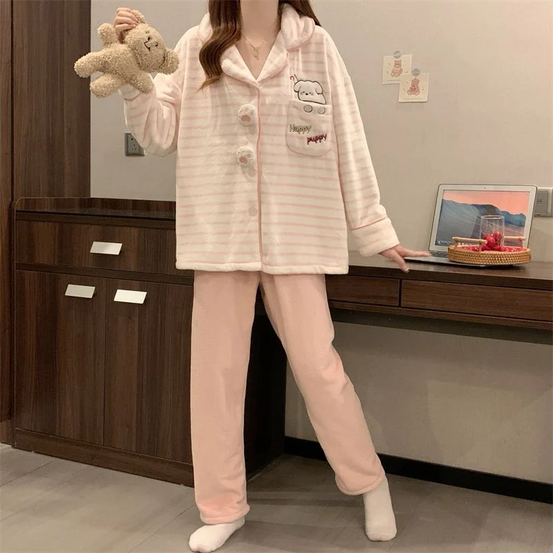 双面法兰绒240g套装女秋冬保暖家居服粉色款号8635M-XXL 细节图4