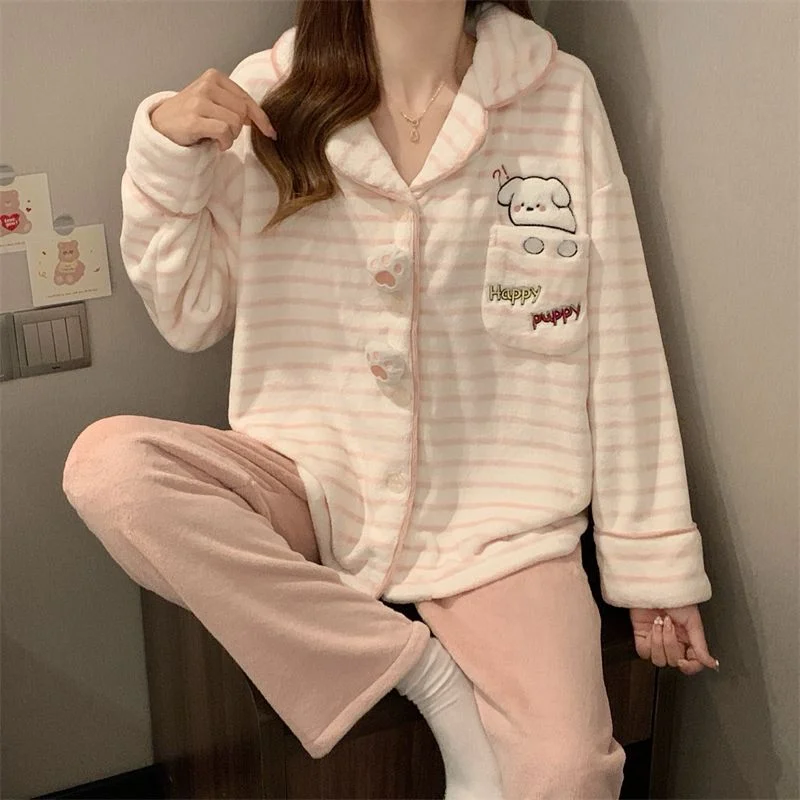 双面法兰绒240g套装女秋冬保暖家居服粉色款号8635M-XXL 细节图5