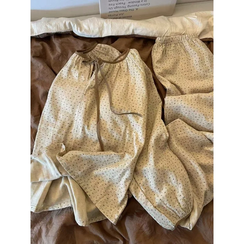 Women's Cloud Cotton Pajama Set with Chest Pad Long Sleeve Long Pant Loose Summer