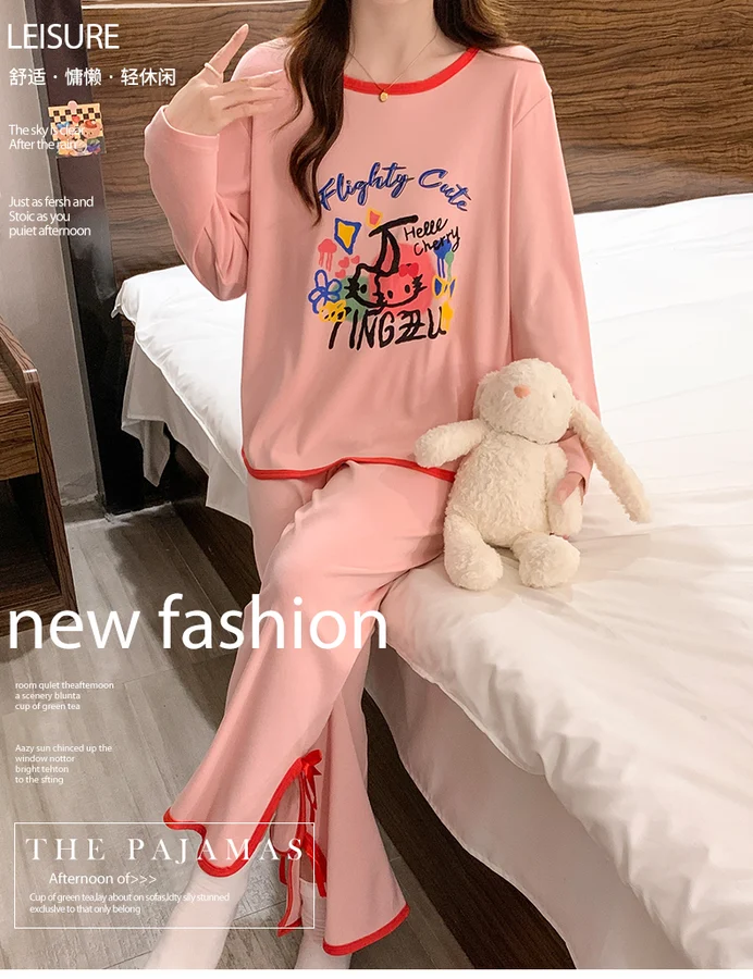 Women's Derong Fabric Pajama Set Autumn Winter Long Sleeve Long Pant Plus Size