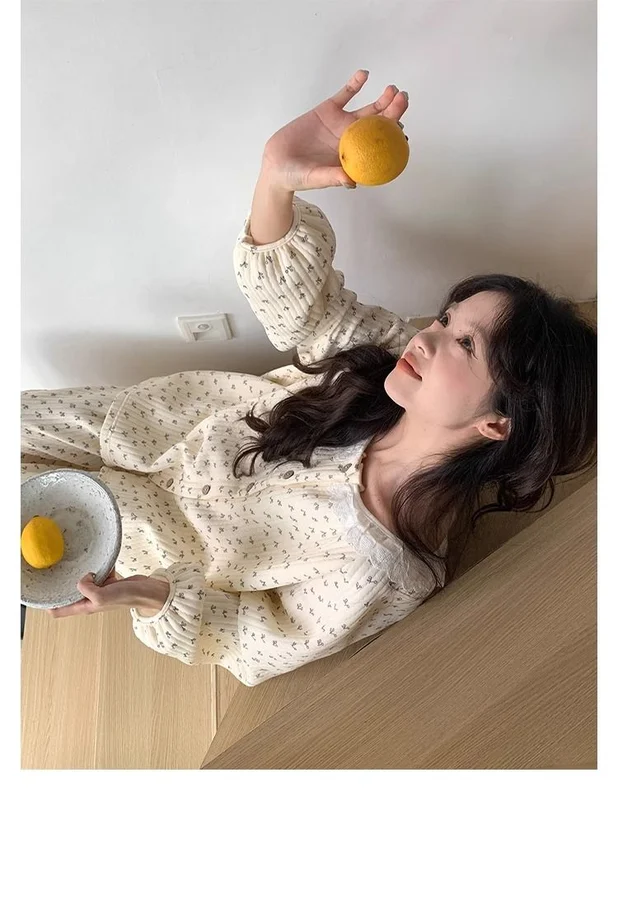 Autumn Winter Thickened Layered Long Sleeve Air Cotton Pajama Set