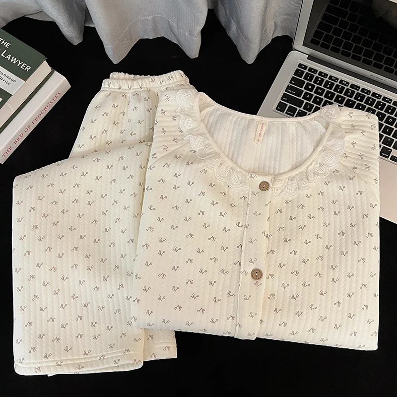 Women's Air Cotton Quilted Pajama Set Winter Lace Trim Thickened photo 2 (style SM-B61085)