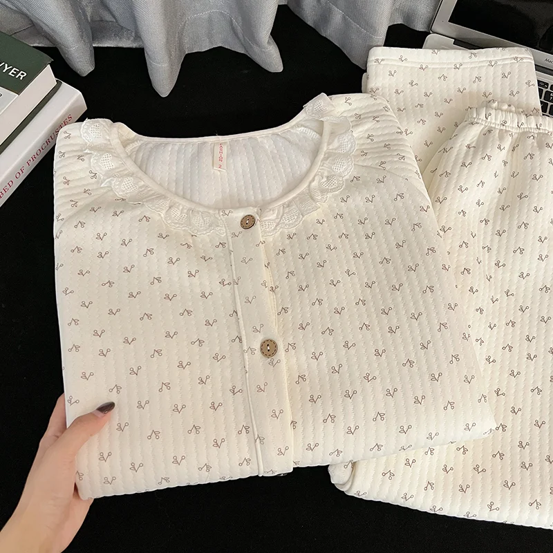 Women's Air Cotton Quilted Pajama Set Winter Lace Trim Thickened photo 3 (style SM-B61085)