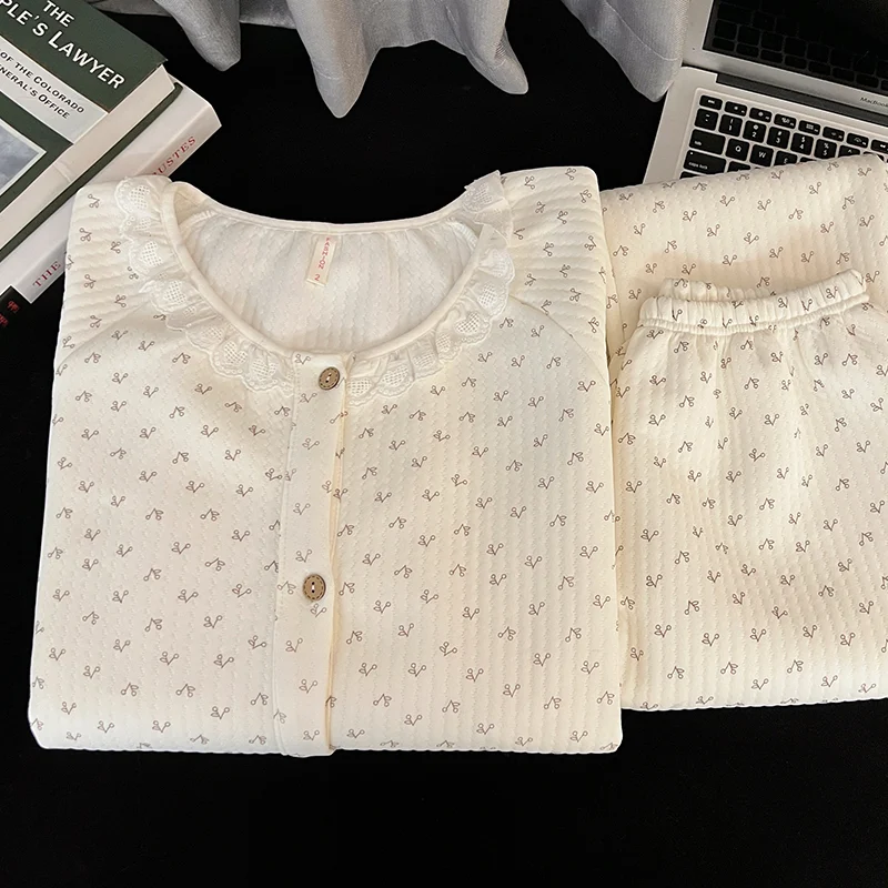 Women's Air Cotton Quilted Pajama Set Winter Lace Trim Thickened photo 4 (style SM-B61085)