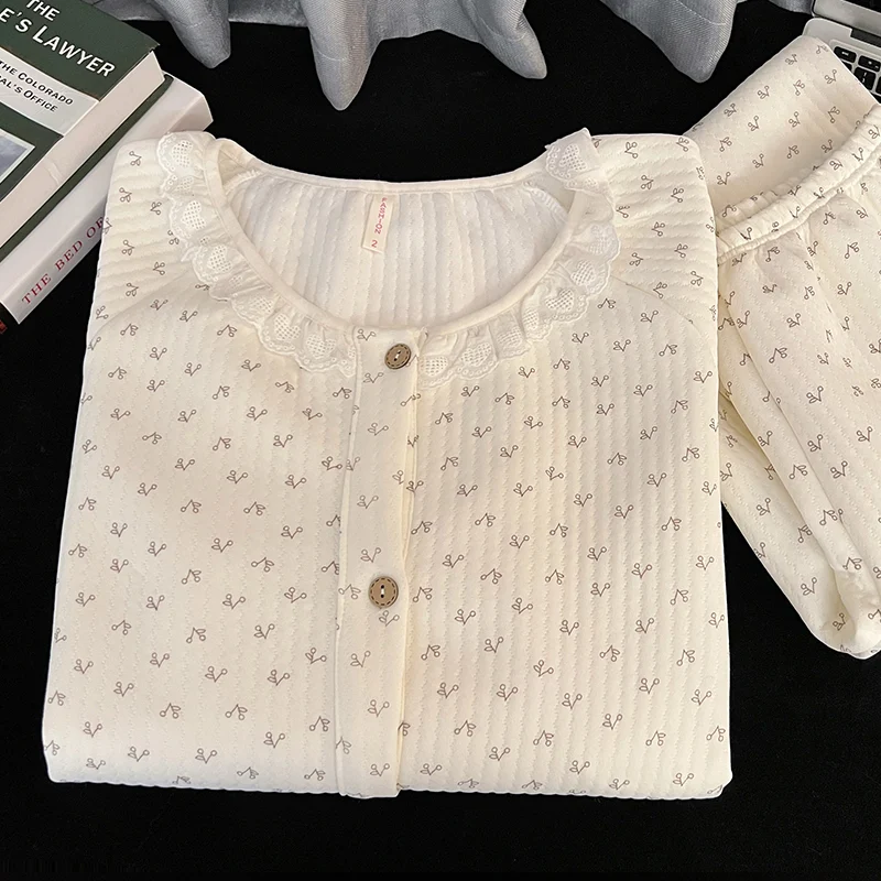 Women's Air Cotton Quilted Pajama Set Winter Lace Trim Thickened photo 5 (style SM-B61085)