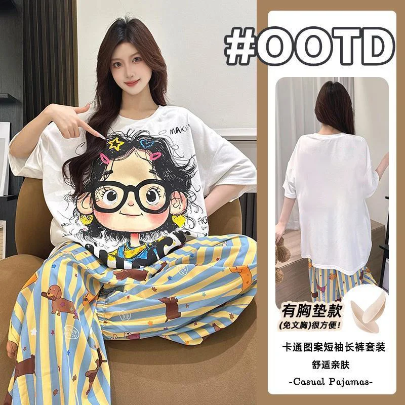 Women's Short Sleeve Long Pants Summer Cloud Cotton Pajama Set with Ch photo 3 (style SM-599B6E)