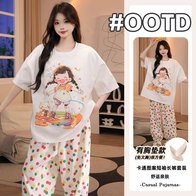 Women's Short Sleeve Long Pants Summer Cloud Cotton Pajama Set with Ch photo 4 (style SM-599B6E)