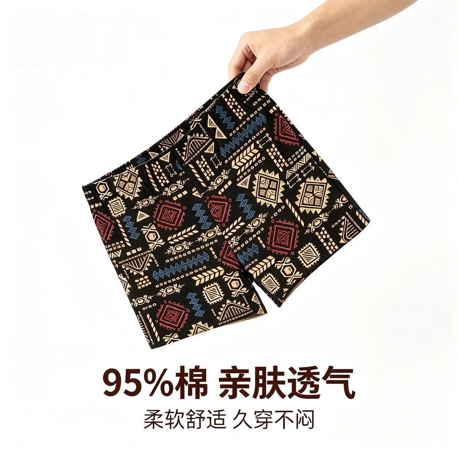 Men's Cotton Ethnic Print Boxer Briefs Vintage Loose Breathable Plus S photo 2 (style SM-E62D66)