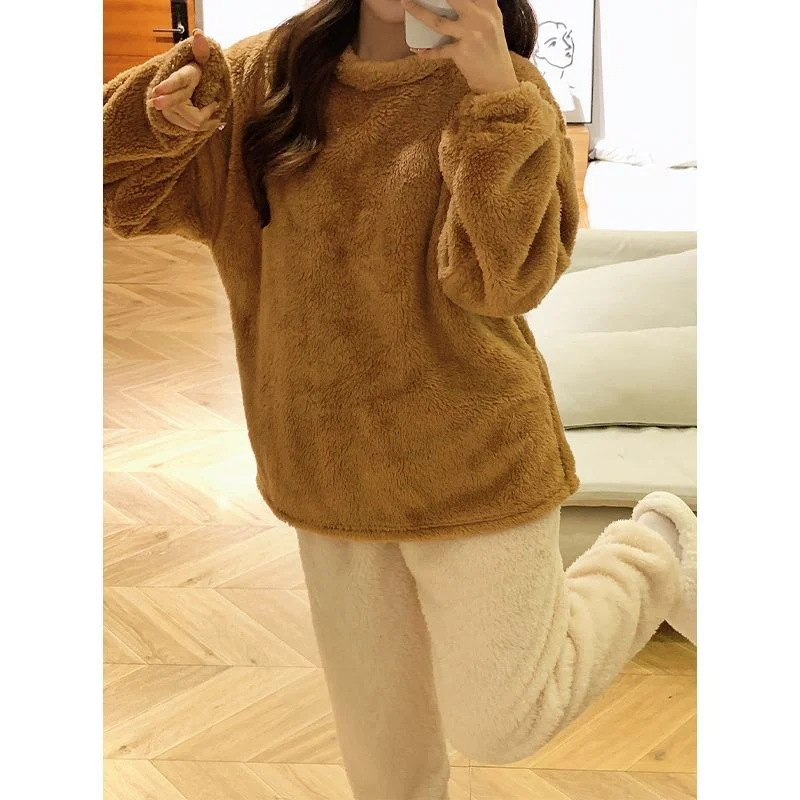 Brown Pullover Long Plush Pajama Set Style R045 photo 2 (style SM-202049)