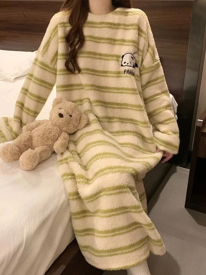 Green striped sleeping panda dress pajamas Style R303
