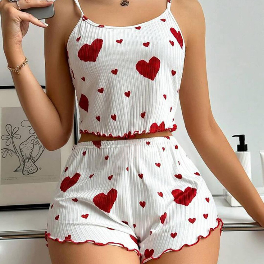 Rib Heart Camisole Pajamas Women Outdoor Shorts 2 Pcs Set Heart Print photo 1 (style 1002844591856)