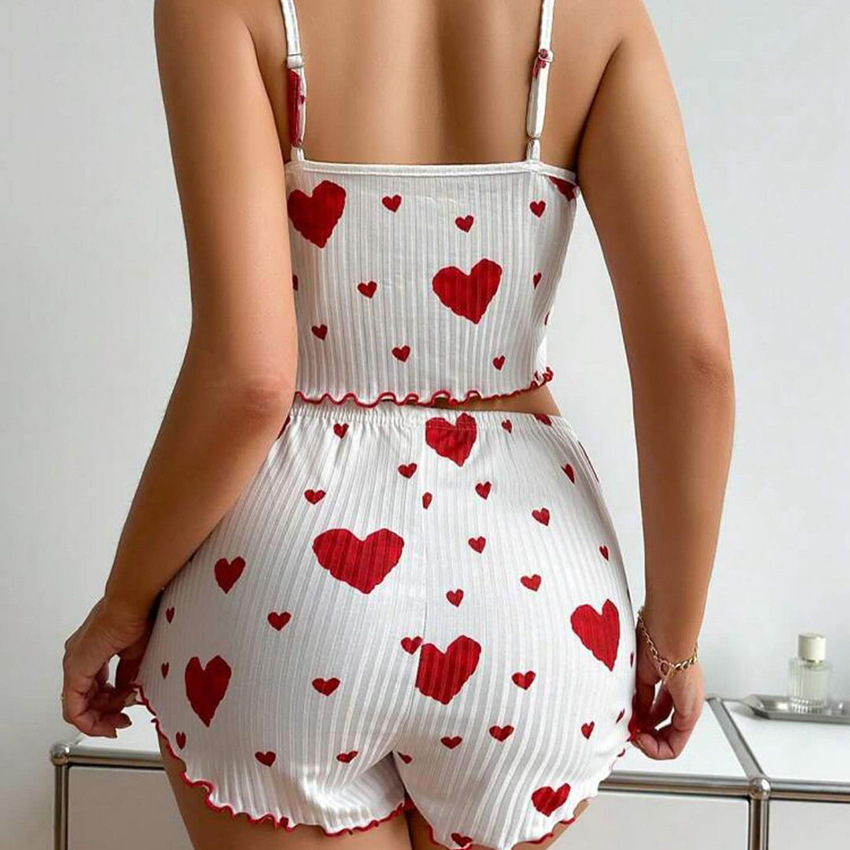 Rib Heart Camisole Pajamas Women Outdoor Shorts 2 Pcs Set Heart Print photo 3 (style 1002844591856)