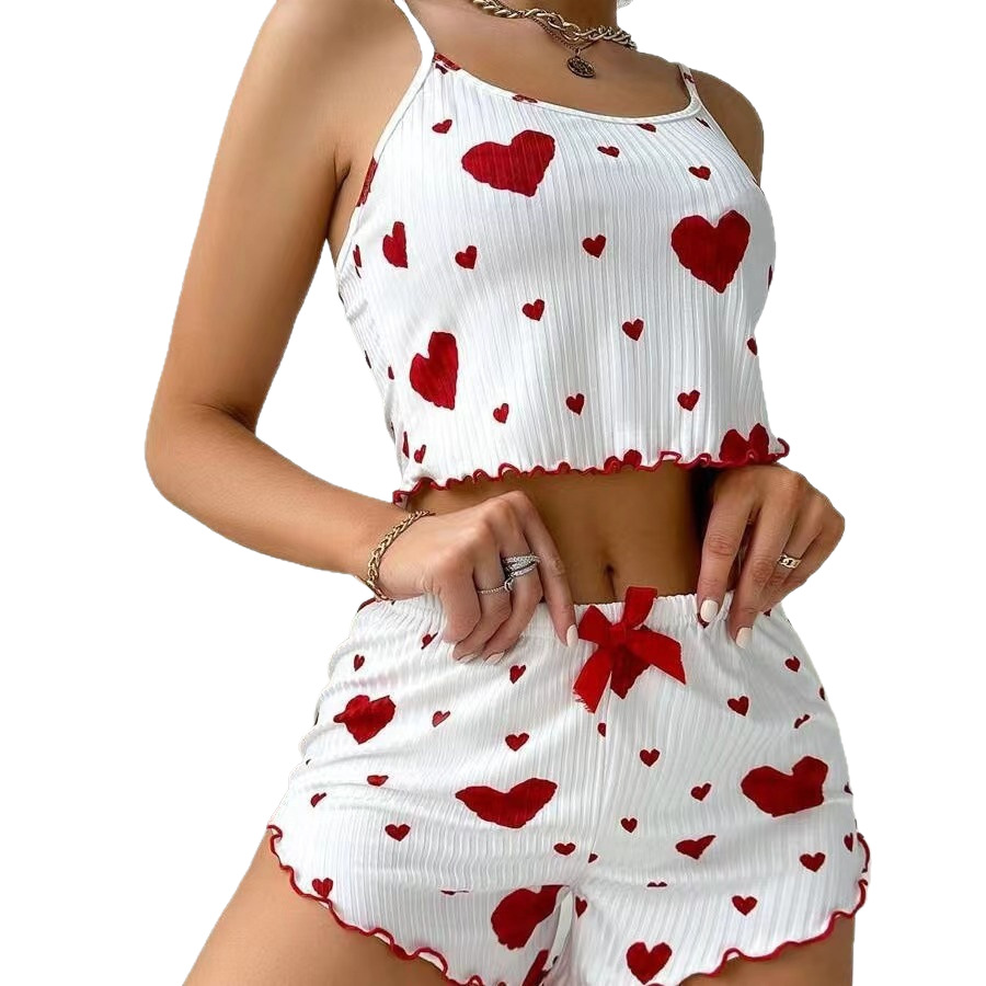 Rib Heart Camisole Pajamas Women Outdoor Shorts 2 Pcs Set Heart Print photo 5 (style 1002844591856)