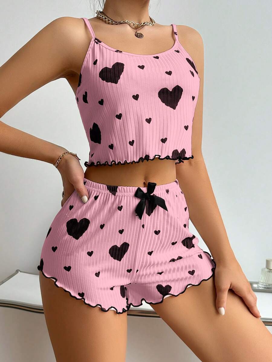Rib Heart Camisole Pajamas Women Outdoor Shorts 2 Pcs Set Heart Print photo 6 (style 1002844591856)