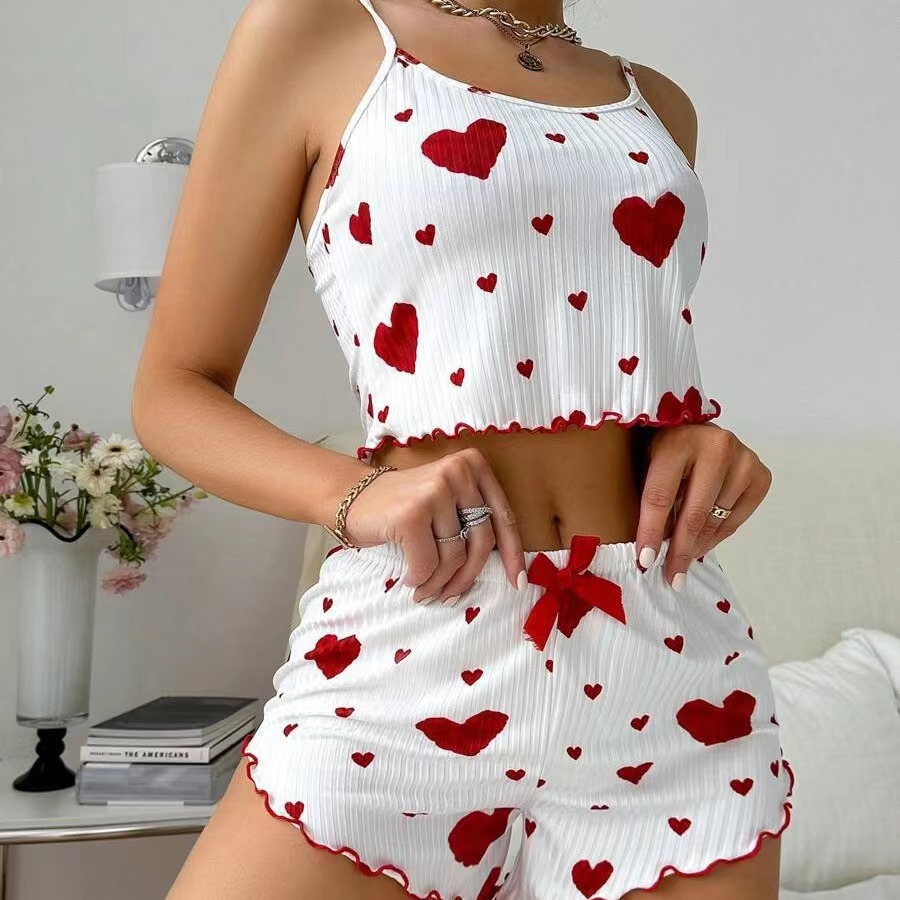 Rib Heart Camisole Pajamas Women Outdoor Shorts 2 Pcs Set Heart Print photo 7 (style 1002844591856)