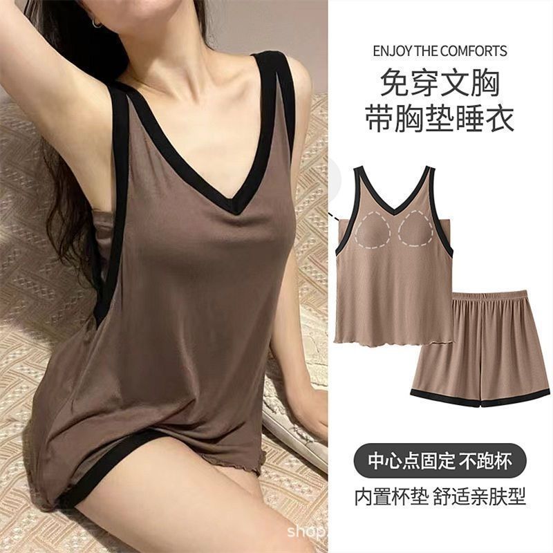 Women's Pajamas New Summer Vest Simple Thin With Pads Anti Exposure Lo photo 2 (style 1018032451082)