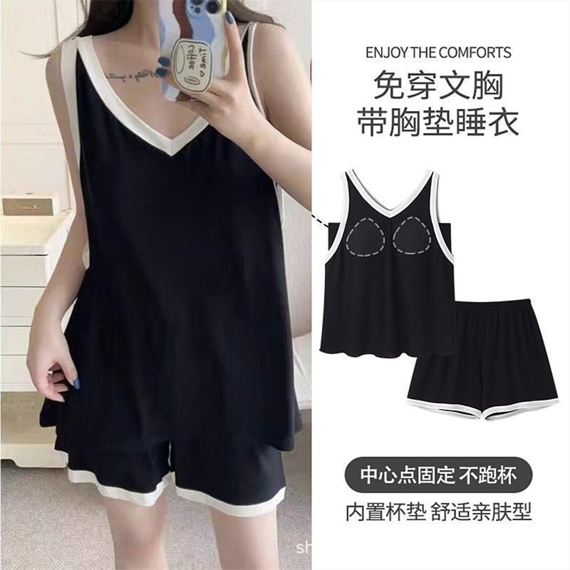Women's Pajamas New Summer Vest Simple Thin With Pads Anti Exposure Lo photo 4 (style 1018032451082)
