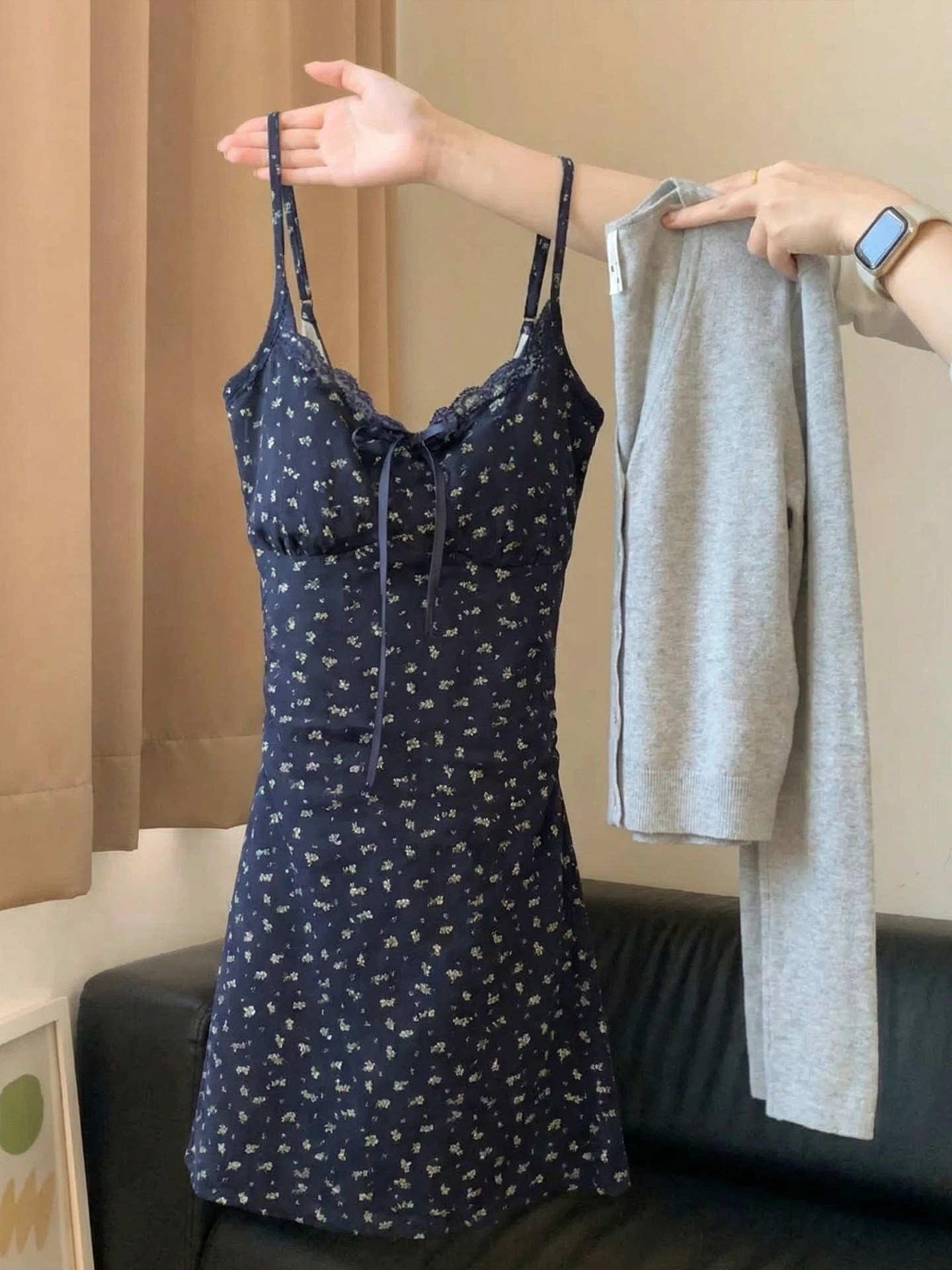 Navy Floral Camisole Dress Women Summer New Petite Korean Beautiful Ca photo 5 (style 1026196329953)