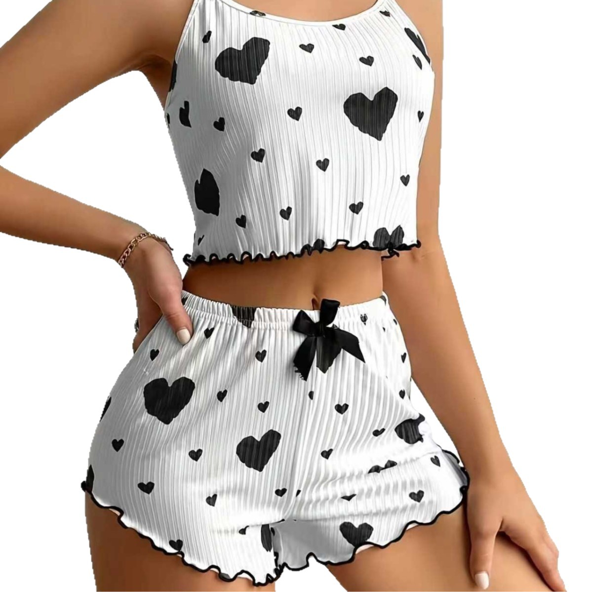 New Summer Women Knit Rib Pure Love Heart Print Plus Camisole Shorts Pajamas 2 Pcs