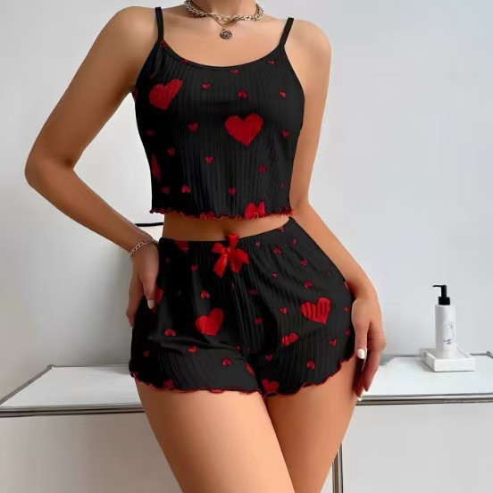 New Summer Women Knit Rib Pure Love Heart Print Plus Camisole Shorts P photo 3 (style 1032038676170)