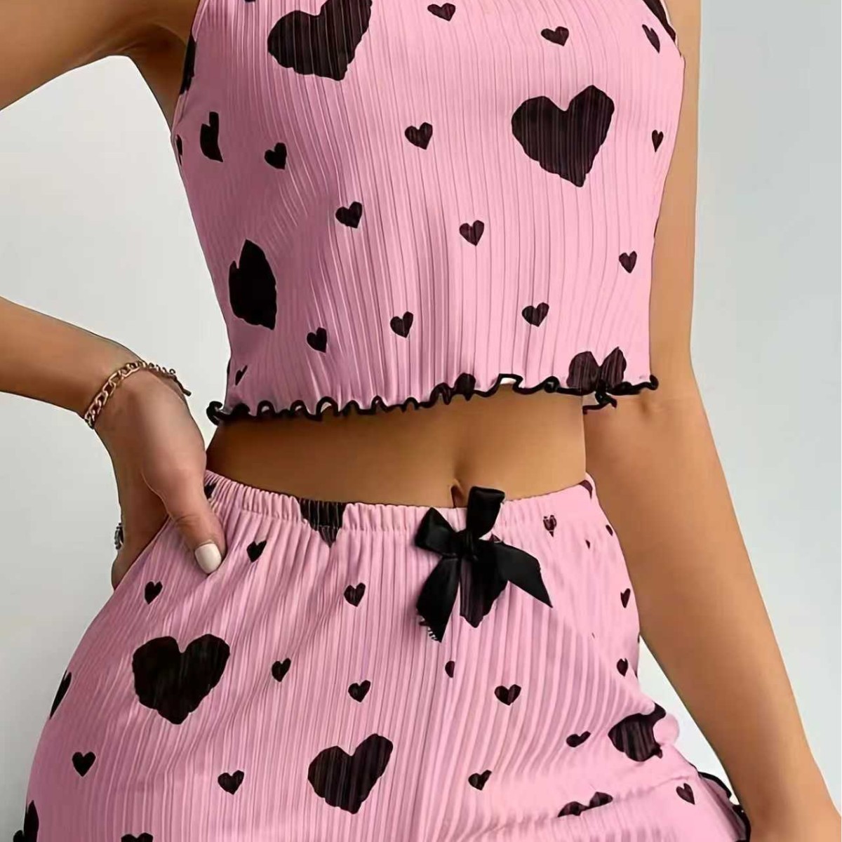 New Summer Women Knit Rib Pure Love Heart Print Plus Camisole Shorts P photo 4 (style 1032038676170)