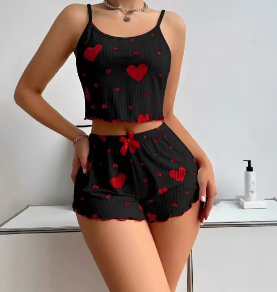 New Summer Women Knit Rib Pure Love Heart Print Plus Camisole Shorts P photo 6 (style 1032038676170)
