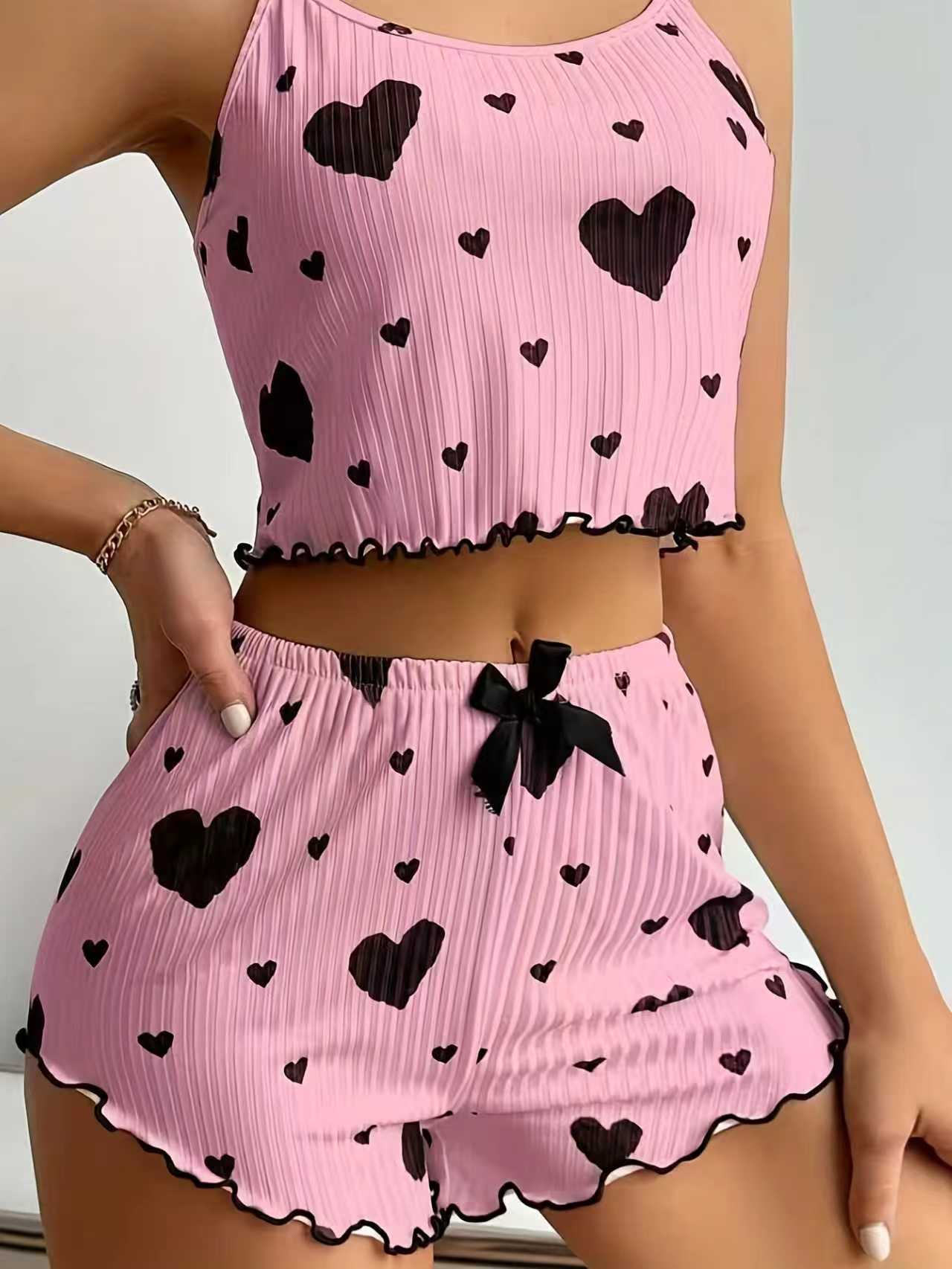 New Summer Women Knit Rib Pure Love Heart Print Plus Camisole Shorts P photo 7 (style 1032038676170)