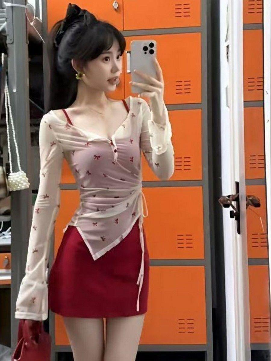 Pure Sexy Set Slim Red Camisole Dress Women Summer Long Sleeve Irregul photo 3 (style 1033753768470)