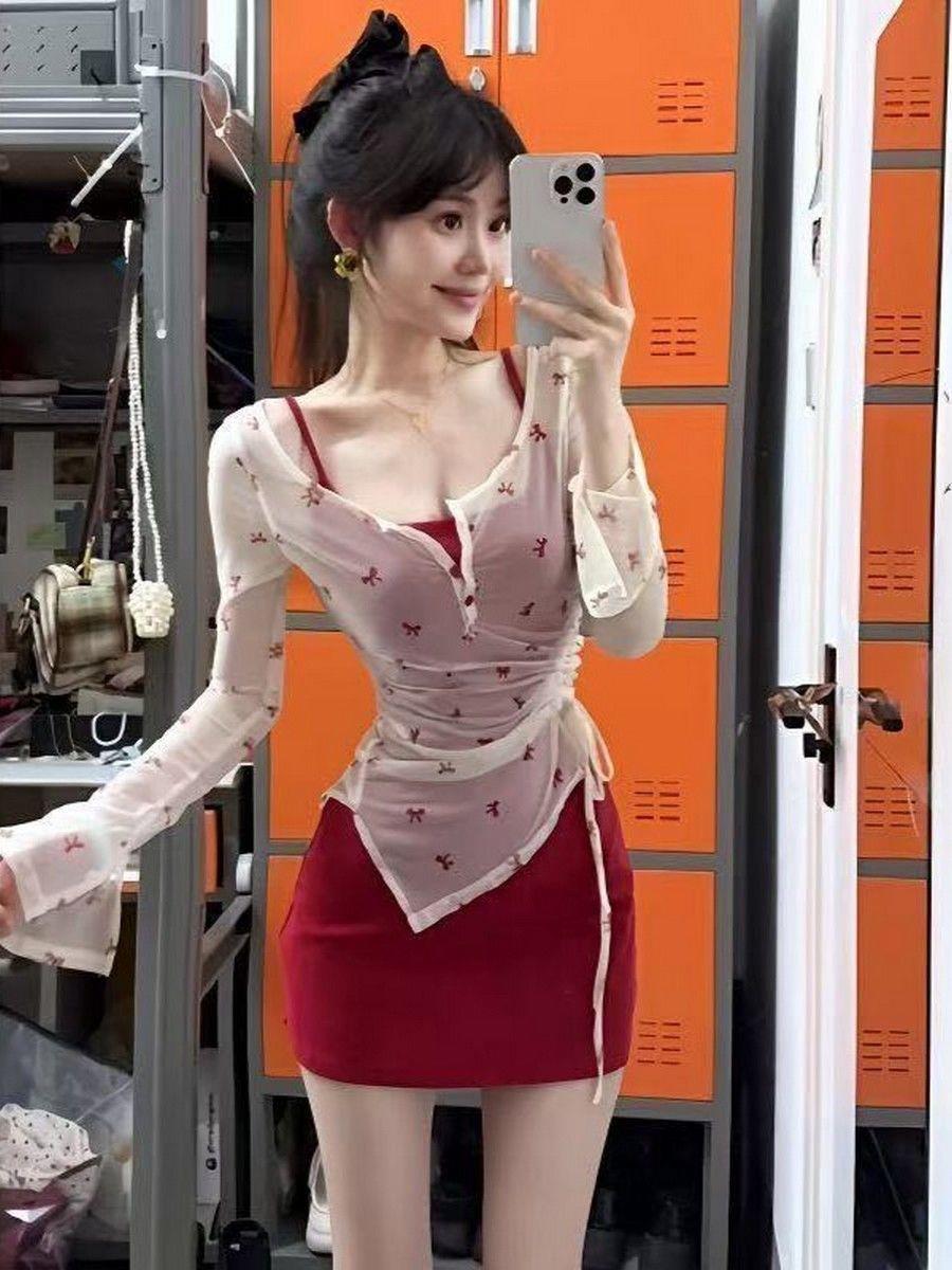 Pure Sexy Set Slim Red Camisole Dress Women Summer Long Sleeve Irregul photo 4 (style 1033753768470)