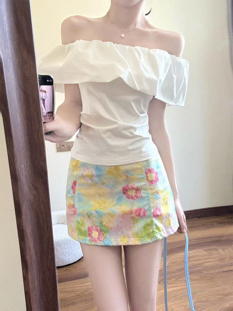 Off Shoulder Oil Painting Dress Set Women Summer Short Sleeve Beautifu photo 2 (style 1035297617083)