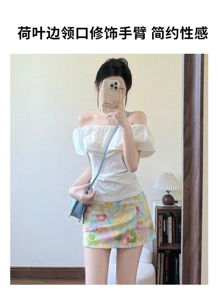 Off Shoulder Oil Painting Dress Set Women Summer Short Sleeve Beautifu photo 4 (style 1035297617083)